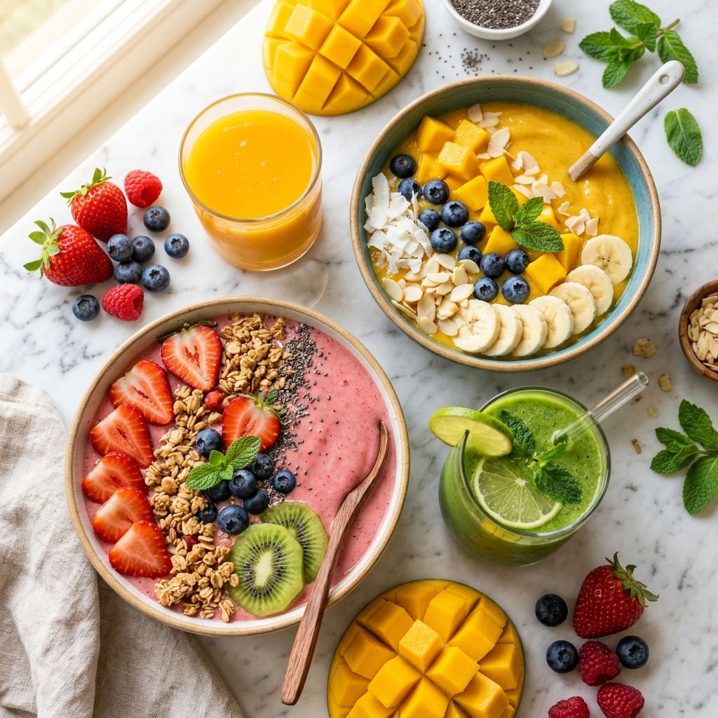 Fresh smoothie bowls and tropical fruits - Yummplex